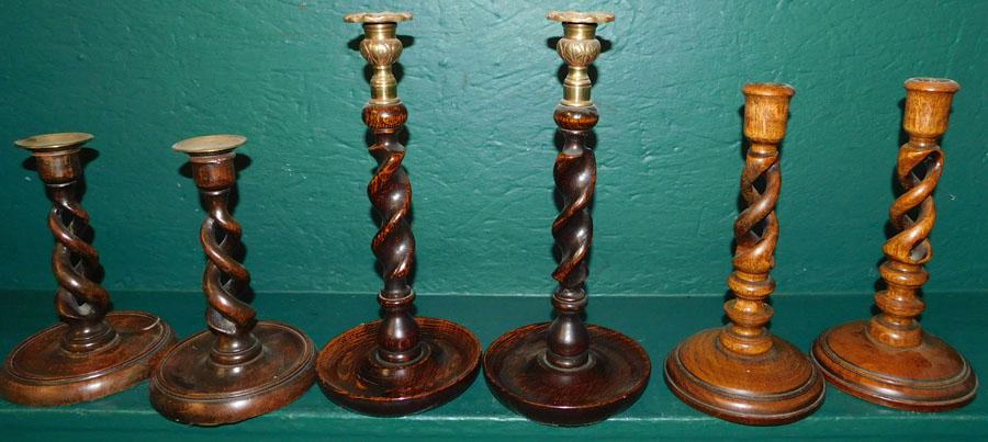 Three Pair Oak Barley Twist Candlesticks (1 of 2)