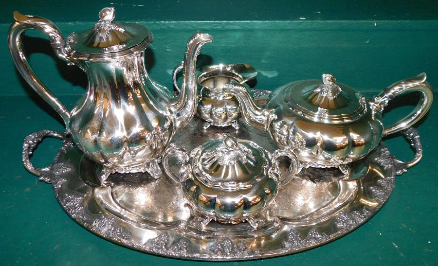 4 Pc SP Melon Shaped Tea Set W/ Silver On Copper Tray (1 of 4)