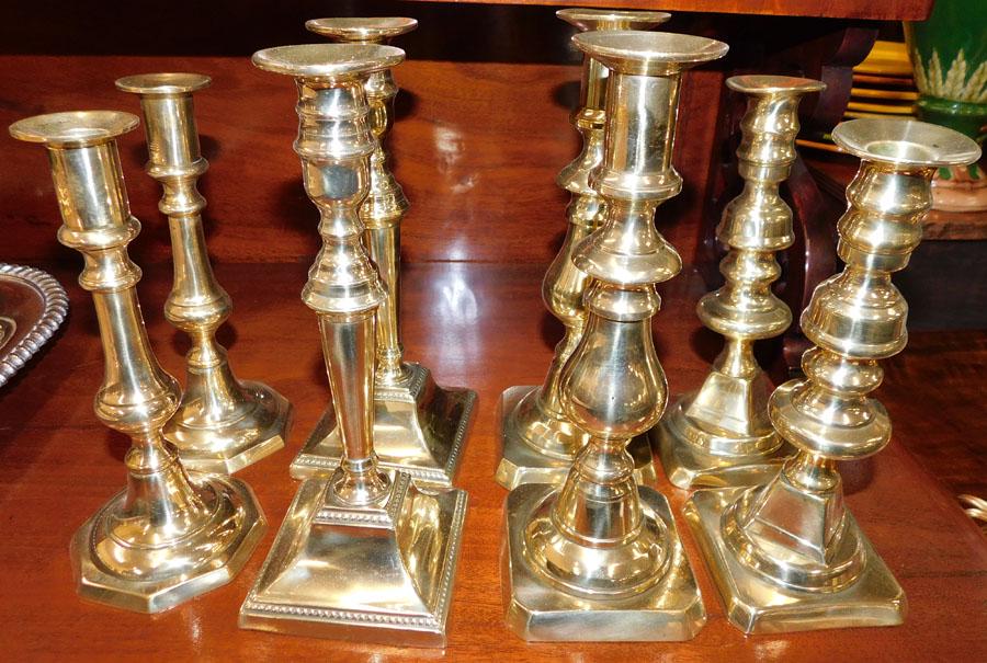 Four Pairs Antique Brass Candlesticks (1 of 2)