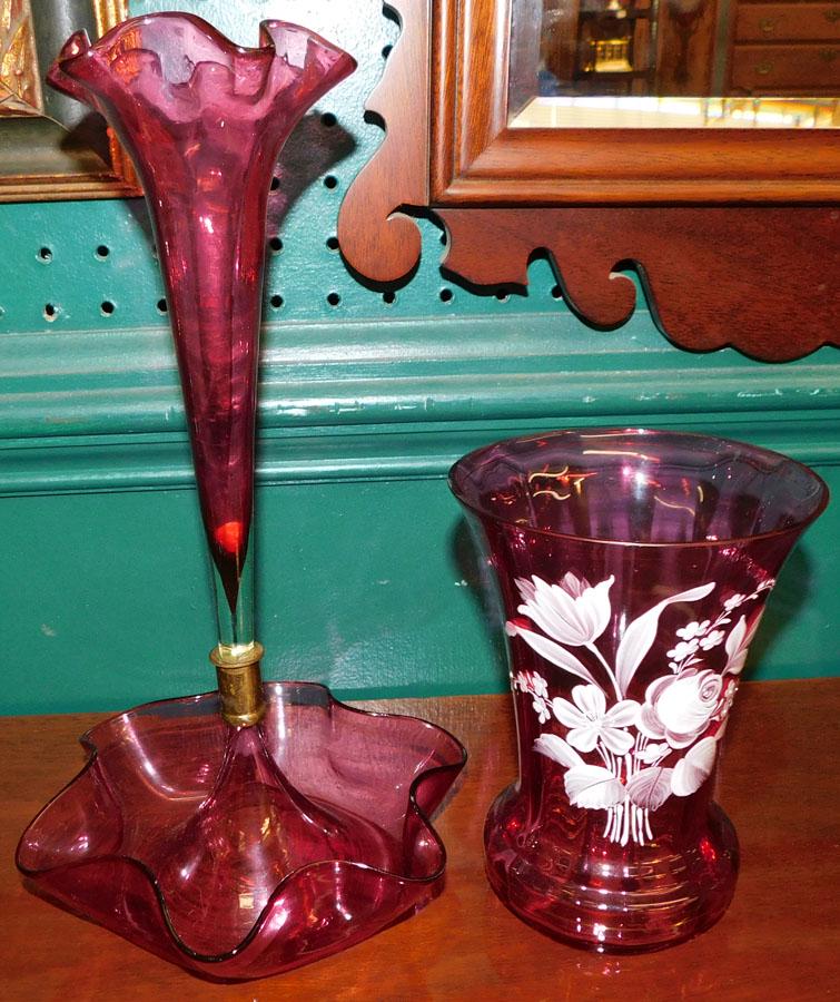 Cranberry Epergne & Vase (1 of 1)