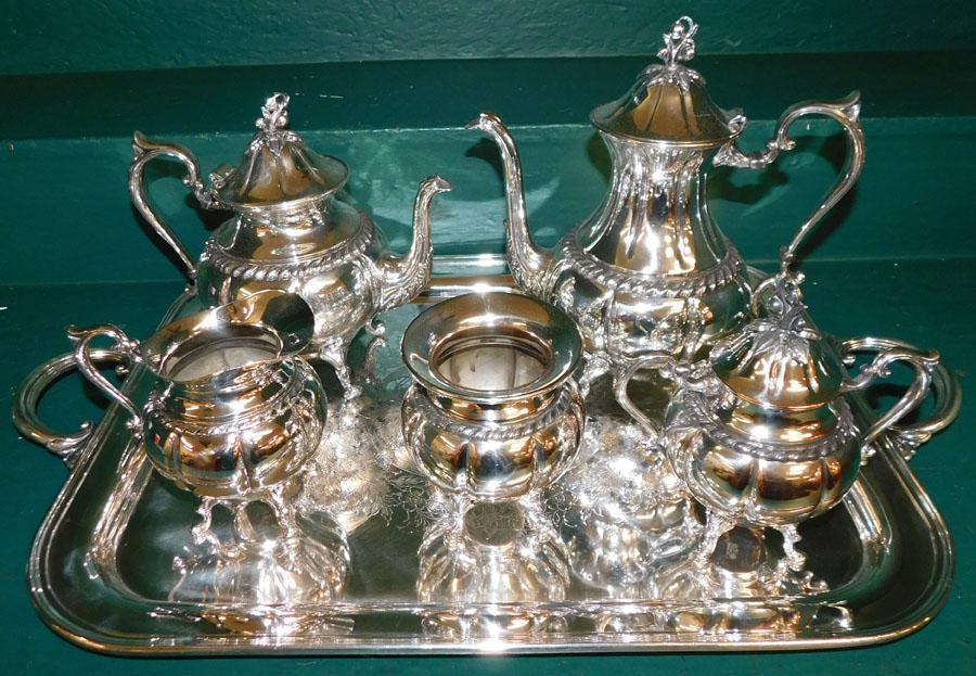 5 Pc Silver On Copper Tea Set W/ Serving Tray (1 of 4)