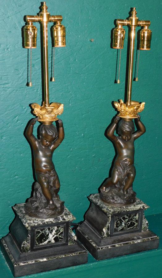 Pair Dore Bronze Bobeche & Marble 2 Light Cherub Lamps (1 of 9)