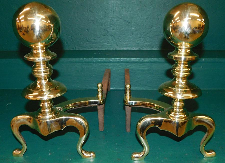 Pair Polished Cast Brass Cannonball Andirons (1 of 2)