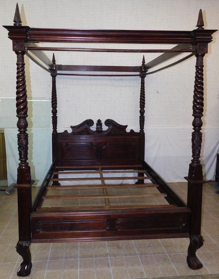 Mahogany Carved Queen Size Canopy Bed (1 of 10)