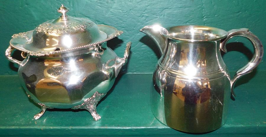 Silver On Copper Pitcher & Tureen: Silver On Copper Pitcher & Tureen. 9" H - Tallest