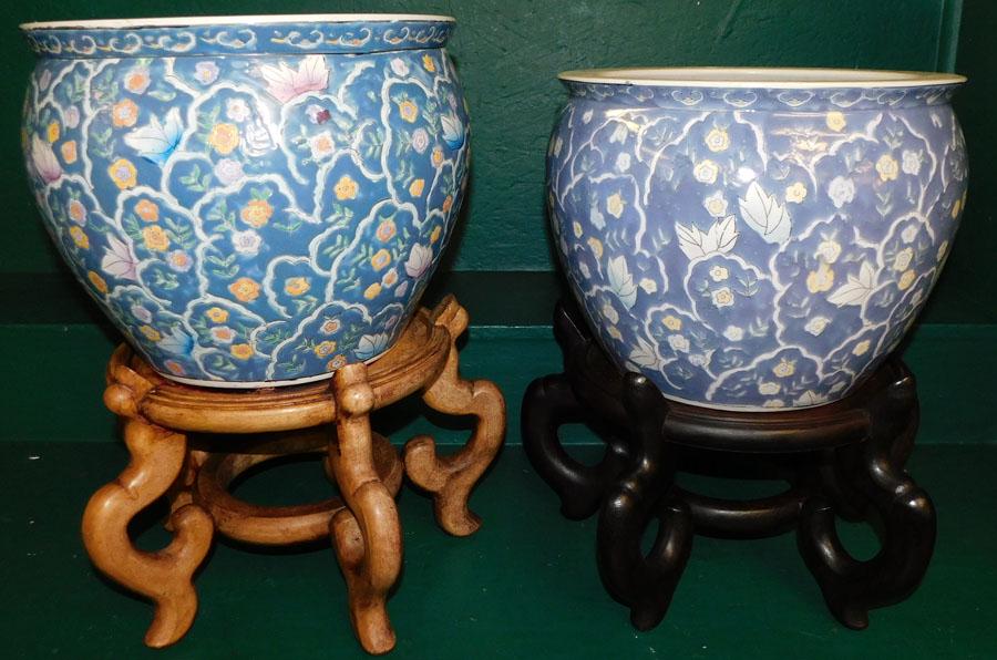 Pair Oriental Porcelain Fish Bowls On Teakwood Stands (1 of 5)