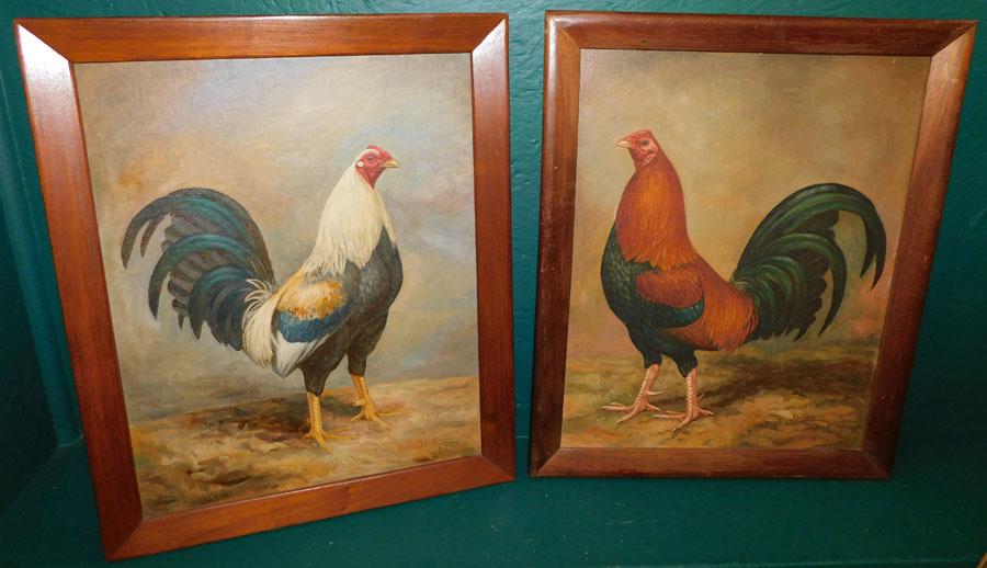 Pair OOB Of Roosters In Walnut Frames - Signed (1 of 8)