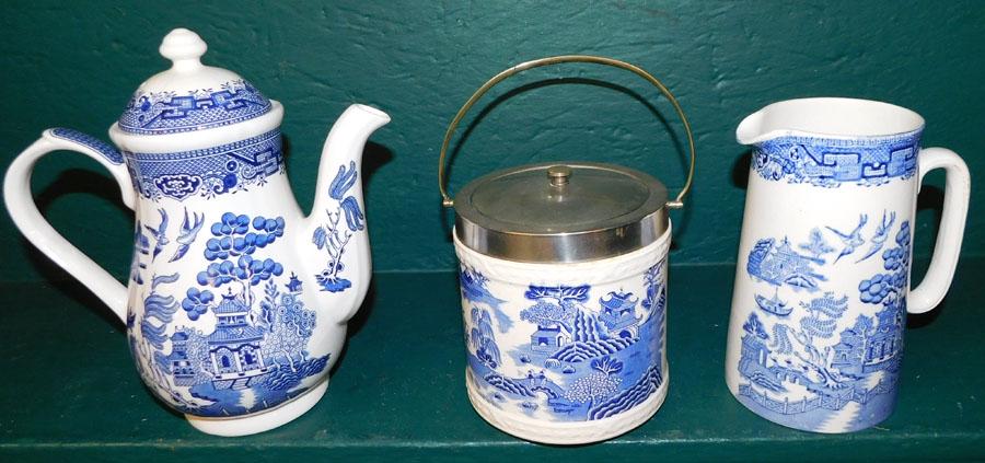 Three Blue Willow -Biscuit Barrel - Pitcher- Teapot (1 of 5)