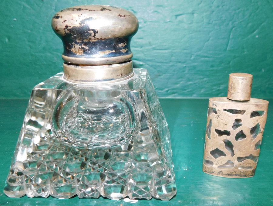 Sterling Overlay Scent Bottle & Sterling Top Ink Bottle (1 of 2)