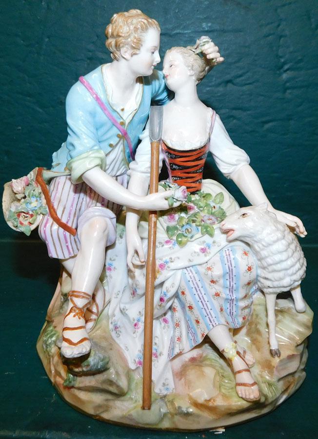 Meissen Porcelain Couple W/ Lamb: Meissen Porcelain Couple W/ Lamb. 7 1/2" H