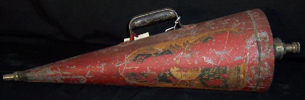 Early paint decorated Tole fire extinguisher: Early paint decorated Tole fire extinguisher (identical to Titanic version)
