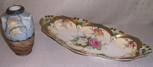 127. R.S. Prussia hand painted dish & Nippon vase: 13 1/2" R.S. Prussia hand painted dish and 5" Nippon hand painted vase.