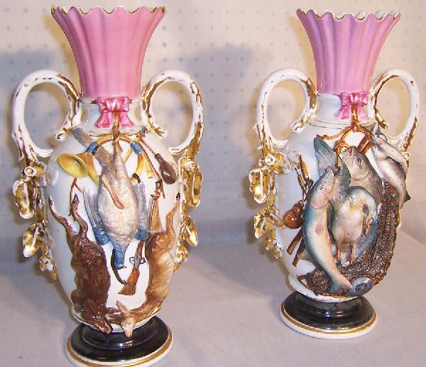 Pair of 19th century Old Paris vases: Pair of 19th century Old Paris Relief of wild game and fish vases. Suitable for hunting or fishing lodge. 15" tall.