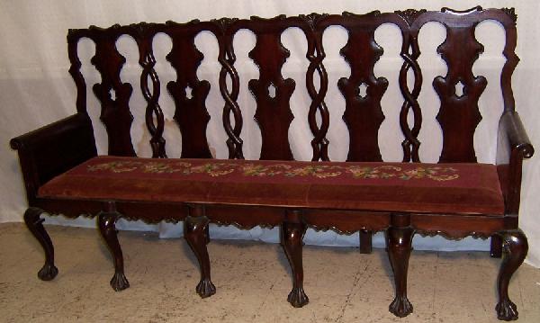 Late 19th c European Q A Needlepoint settee: Late 19th century European Queen Anne Needlepoint claw foot 5 chair back settee.