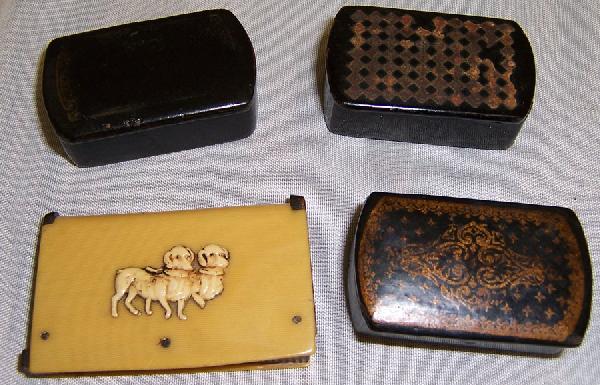 4 snuffboxes. 3 are papier mache & 1 is celluloid: 4 snuffboxes. 3 are papier mache and 1 is celluloid.