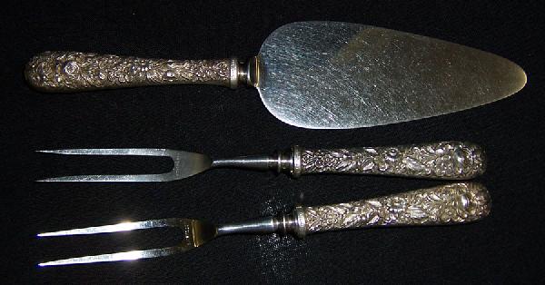 3 pieces S. Kirk and Sons Repousse serving pieces : 3 pieces S. Kirk and Sons Repousse serving pieces includes 2 carving forks and pie server.