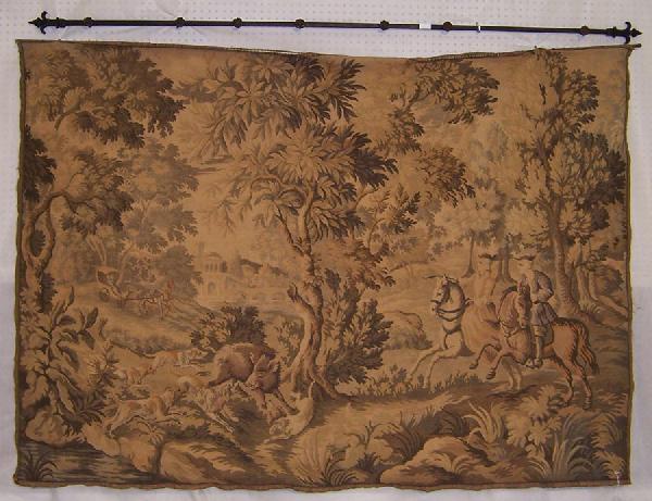Needlepoint tapestry of wild boar hunt.: Needlepoint tapestry of wild boar hunt. 81" wide x 58" tall.