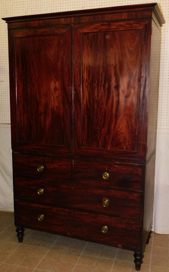 19th C English Mahog Linen Press W/ Orig. Slides: 19th C English Mahogany Linen Press W/ Orig. Slides. 51" W 22 1/2" D 81" H