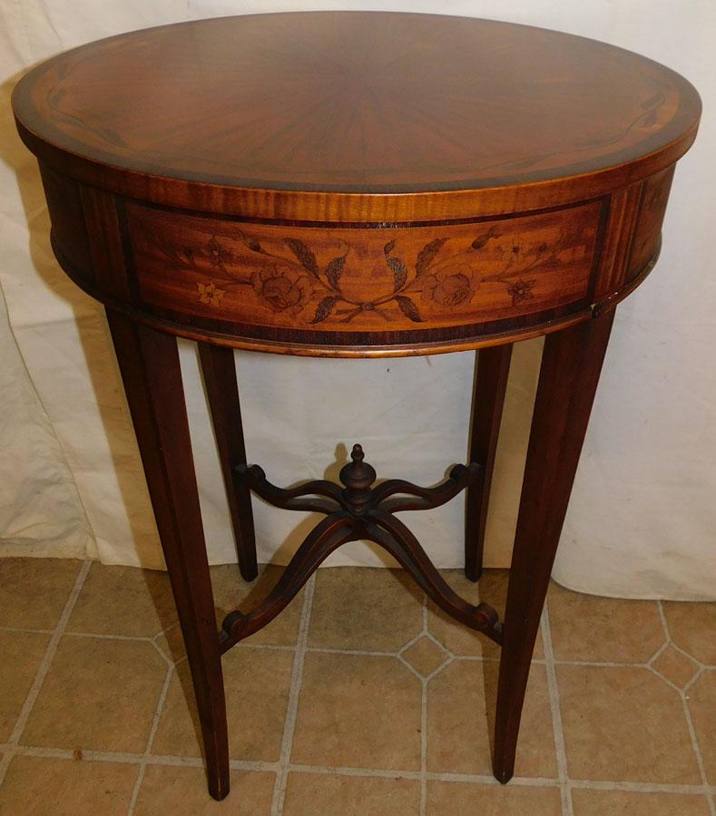 Satinwood Inlay Oval Stand By John Widdicomb: Satinwood Inlay Oval Stand W/ Drawer By John Widdicomb. 18 1/2" W 15 1/2" D 28 1/4" H