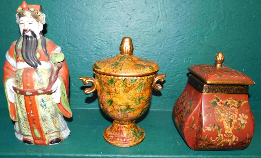 Oriental Figure & Two Ceramic Covered Urns (1 of 5)