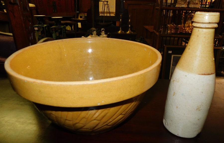 Ironstone Beer Bottle & Yellow Ware Mixing Bowl: Ironstone Beer Bottle & Yellow Ware Mixing Bowl. 11" Dia - Bowl