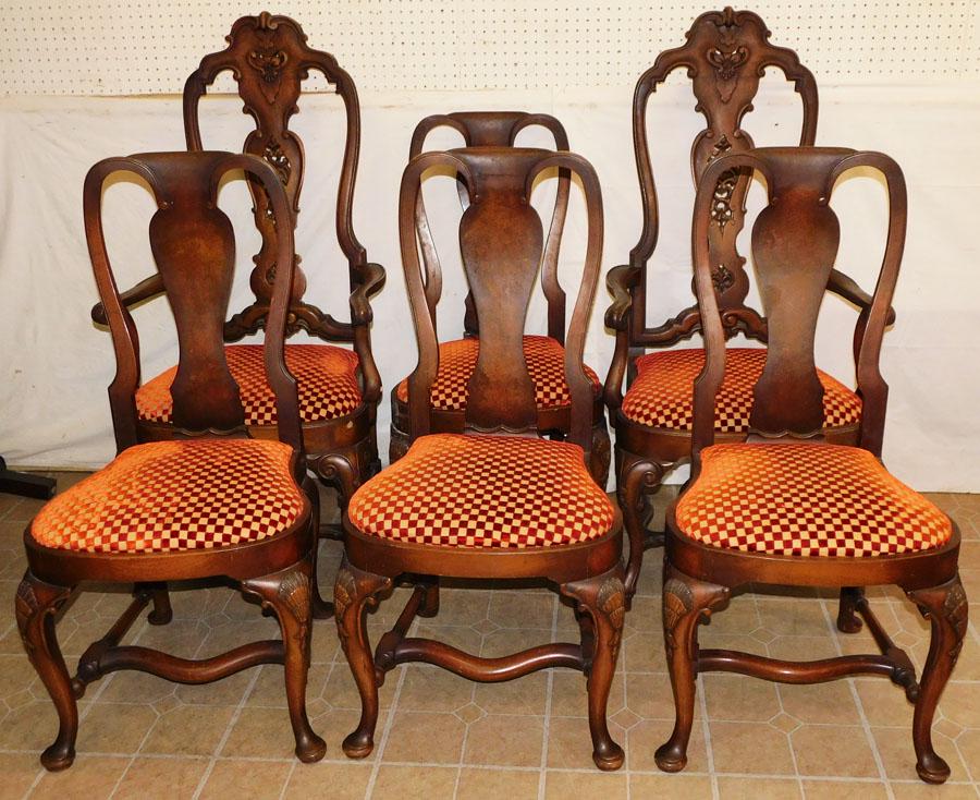 Set 6 Walnut Carved Queen Anne Dining Chairs (1 of 6)