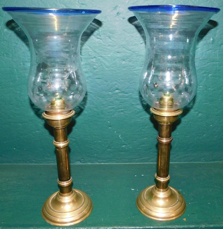 Pair Brass Candlesticks W/ Etched Glass Shades (1 of 3)