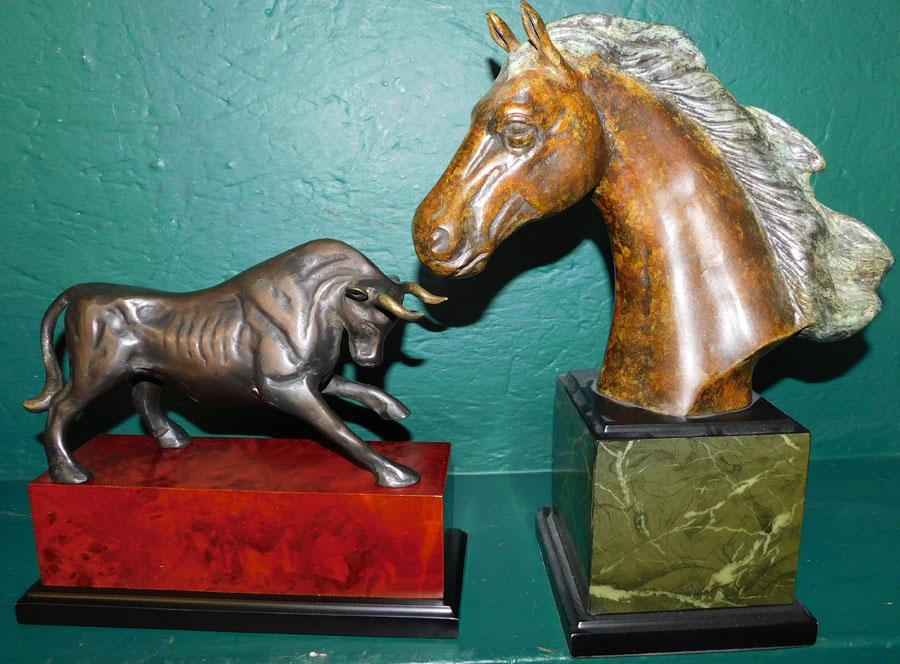 Brass Bull Sculpture & Metal Horse Head Sculpture (1 of 2)