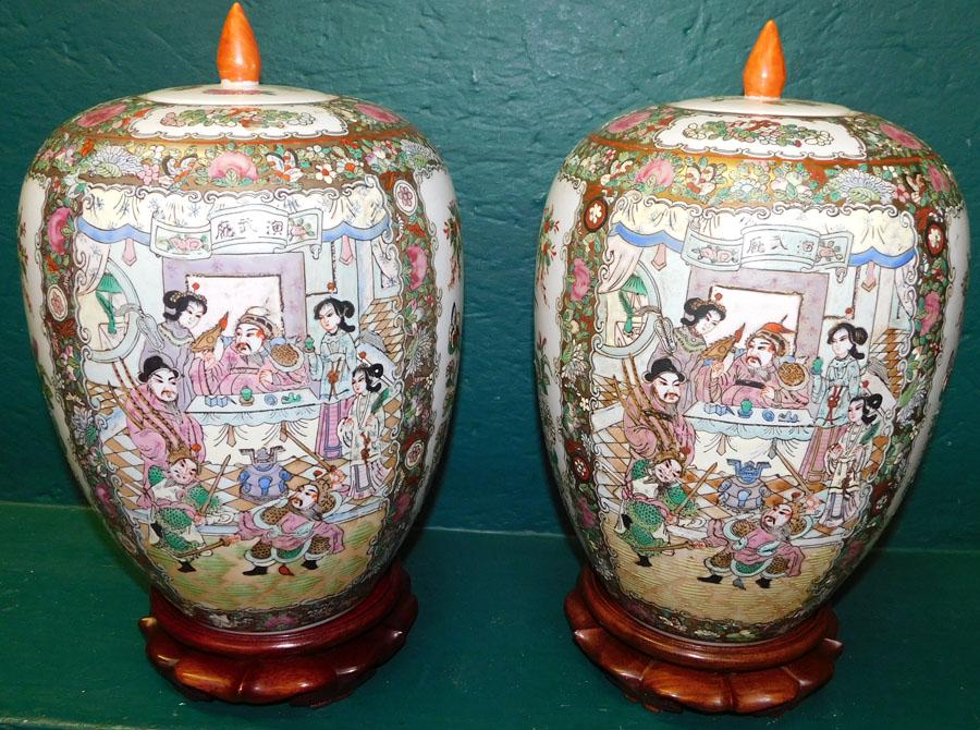 Pr Oriental Porcelain Vases On Teakwood Stands (1 of 5)