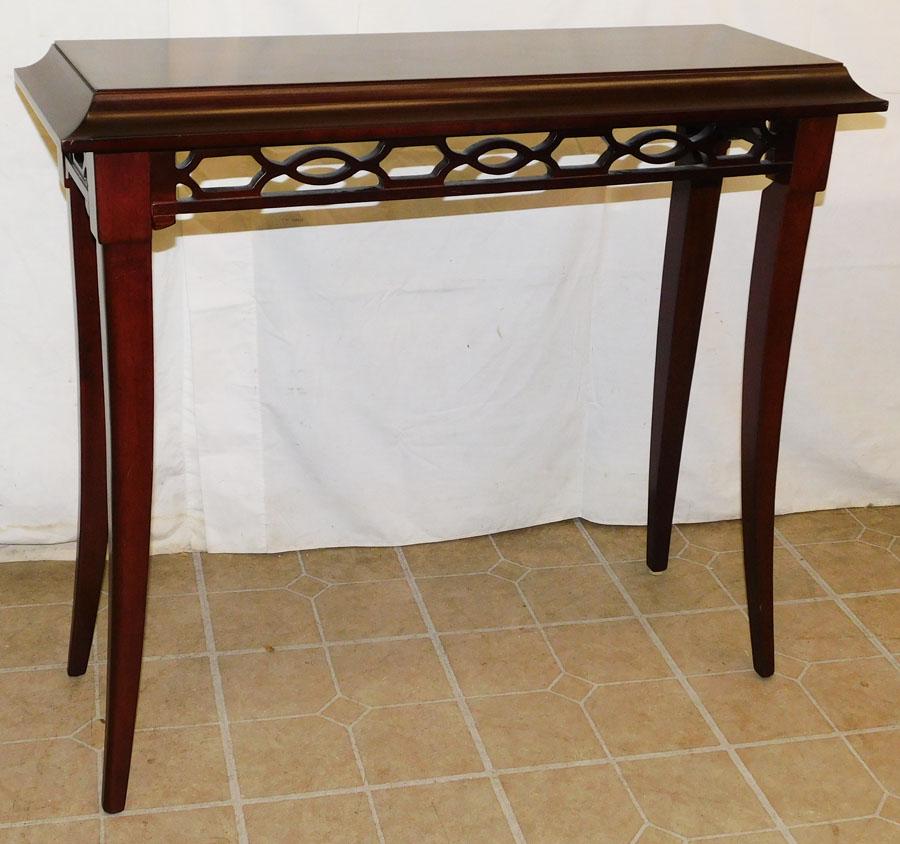 Mah & Burl Inlay Pagoda Shaped Top Console Table: Mahogany & Burl Inlay Pagoda Shaped Top Console Table. 36" W 13" D 32" H