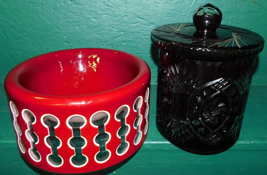 Amethyst Cut Clear Biscuit Jar & Ruby Cut To Clear Bowl (1 of 5)