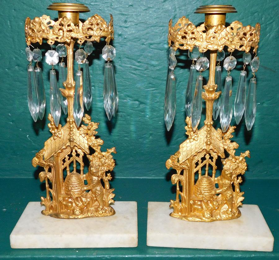 Pair Gilt Brass Marble Base Girandoles: Pair Gilt Brass Marble Base Girandoles. 12 1/2" H