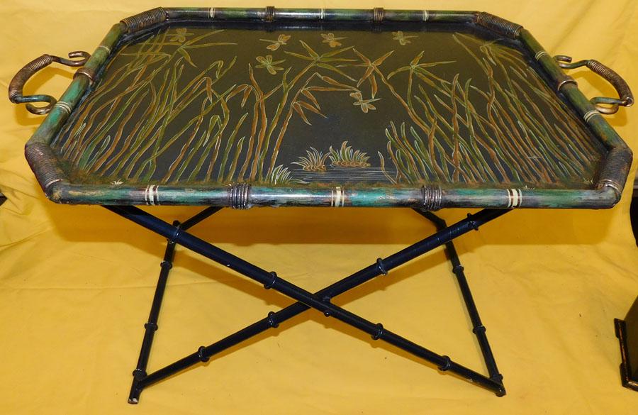 Painted Metal Faux Bamboo Tray On Stand: Painted Metal Faux Bamboo Tray On Stand . 30 3/4" W 18 1/2" D 18" H