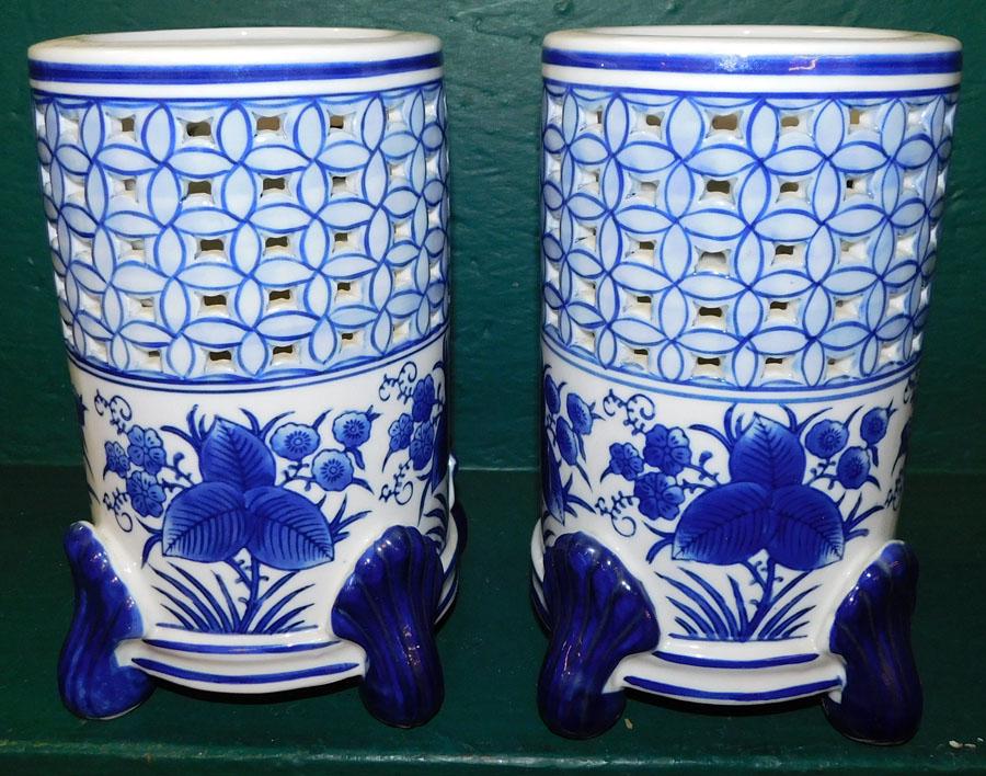 Pair Open Work Blue & White Vases (1 of 3)