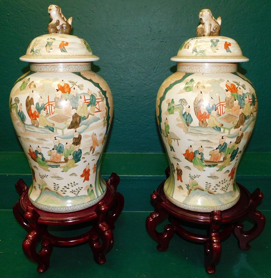 Pair Oriental Porcelain Temple Urns On Stands (1 of 10)