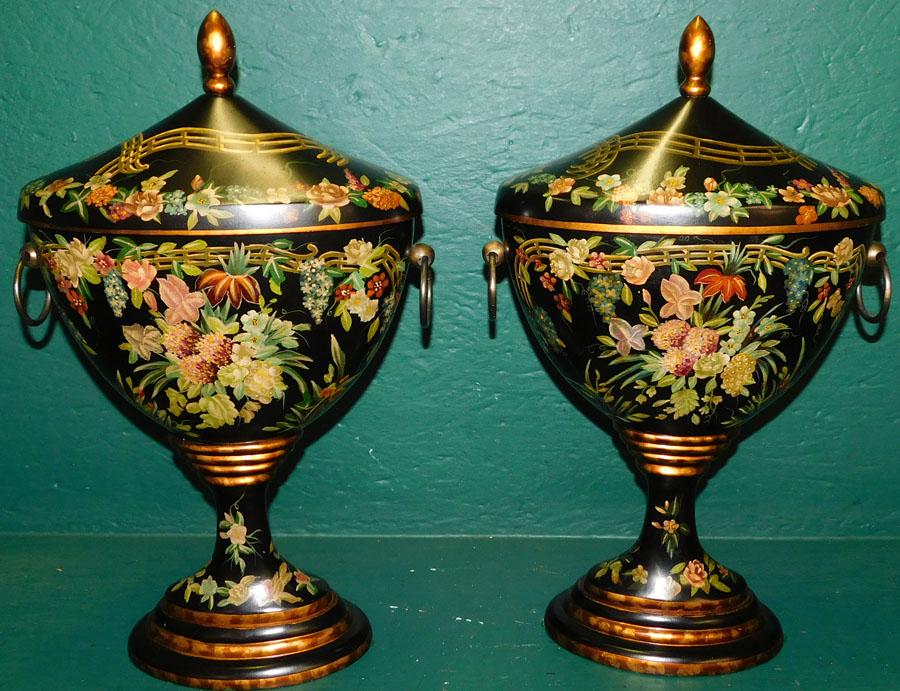 Pair Painted Metal Urns (1 of 4)