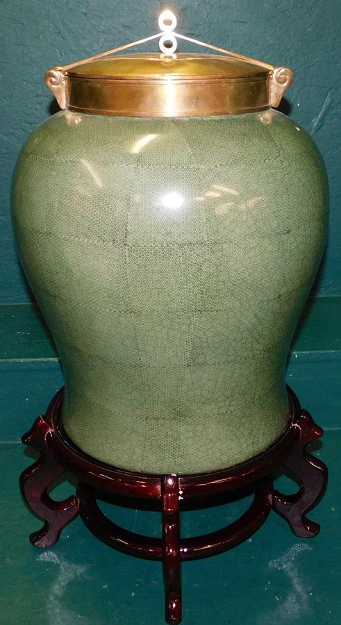 Porc Faux Shagreen Brass Lidded Urn On Stand (1 of 5)
