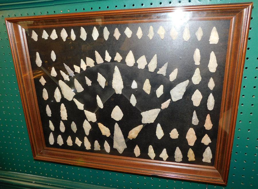 Collection Of 75 Arrow Heads In Shadow Box Frame: Collection Of 75 Arrow Heads In Shadow Box Frame. 26" x 19 1/2"