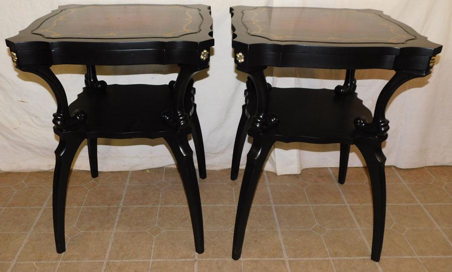 Pair Black Laquered Tooled Leather Top Tables (1 of 3)