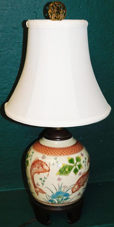Oriental Koi Motif Ginger Jar Lamp on Teakwood Base (1 of 5)