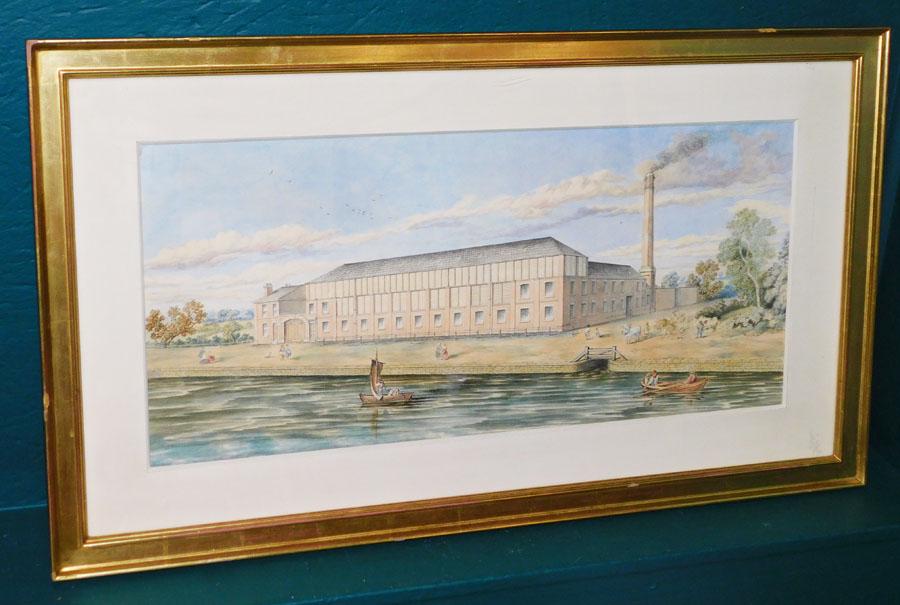 Watercolor of 19th C European Factory Complex: Framed Watercolor of 19th C European Factory Complex . 38" x 22"