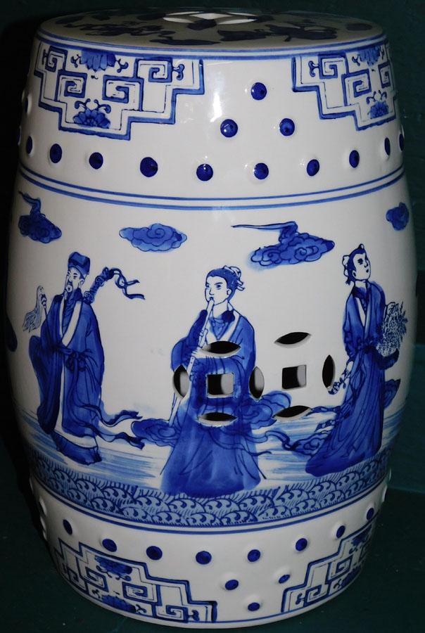 Oriental Blue & White Garden Seat with Nobleman Motif: Oriental Blue & White Garden Seat with Nobleman Motif . 18" H