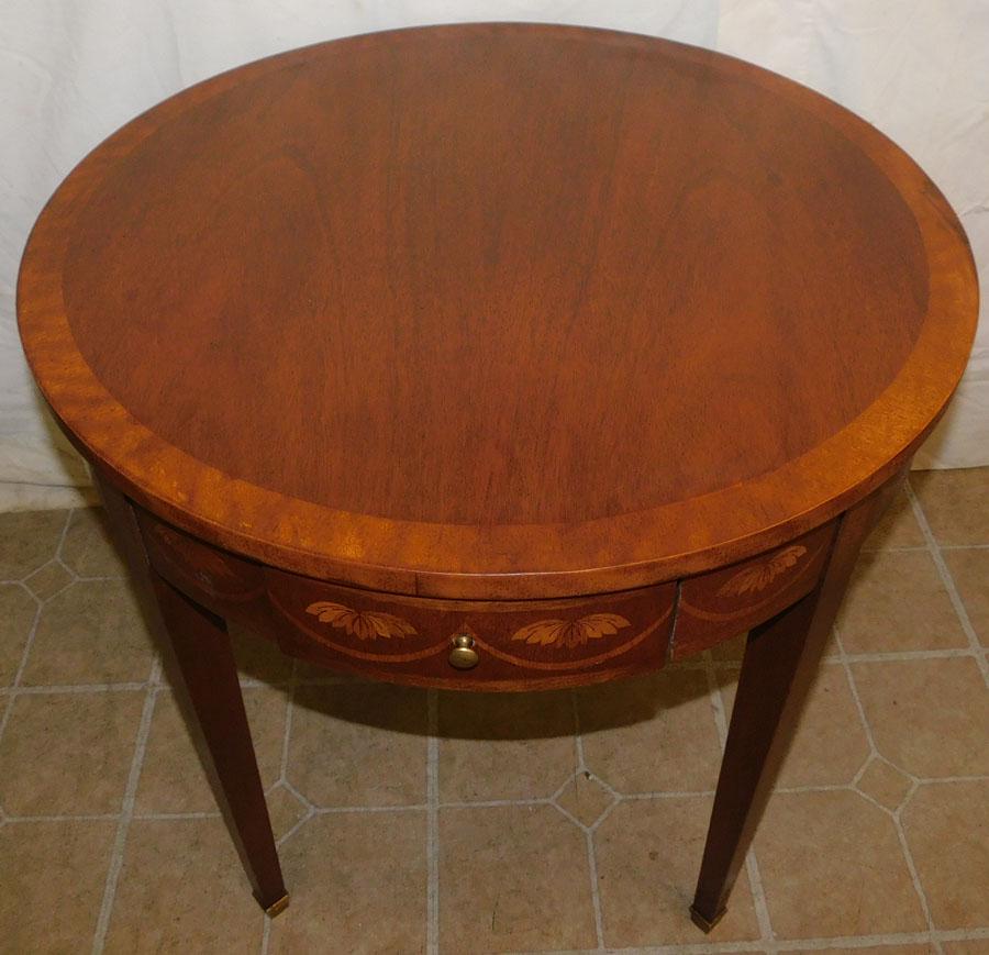 Mah Inlaid Round Table w Drawer & Slides by Baker (1 of 5)