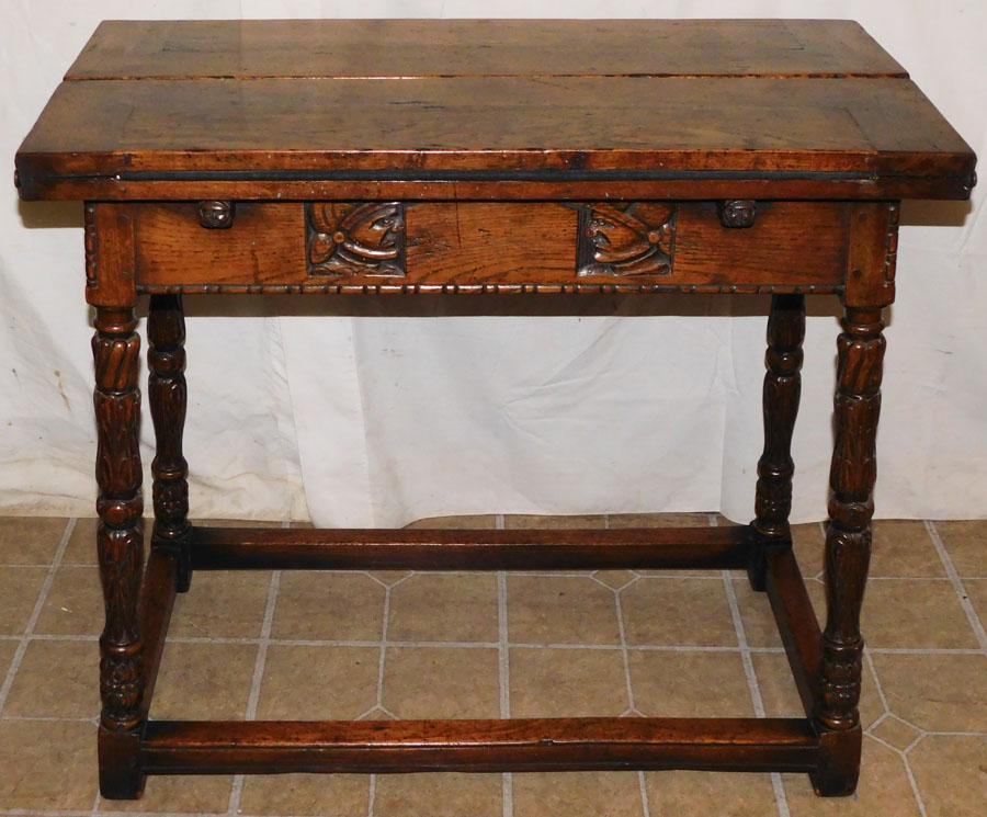 Carved Oak Tapestry Fold Over Game Table (1 of 8)