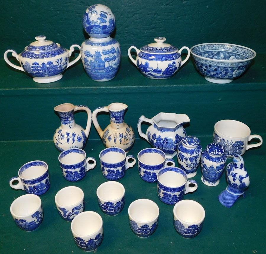 Lot of Blue White, Cream/Sugar, Cups, & Bowls: Lot of Blue White, Cream/Sugar, Cups, & Bowls.