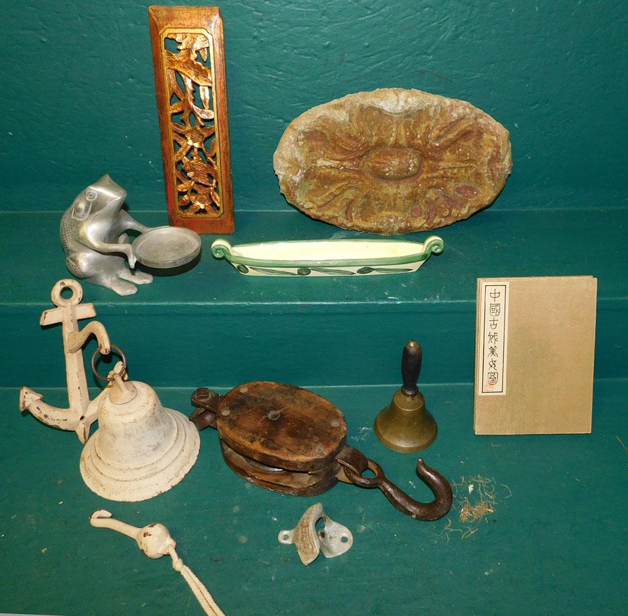 Vintage Items, Bells, Oriental Panel, & Concrete Plaque (1 of 2)