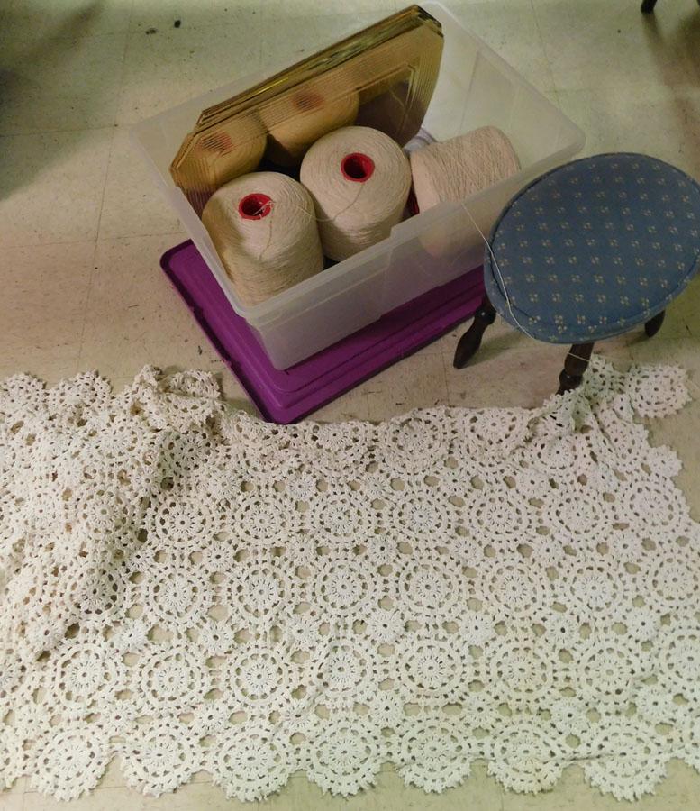 Footstool, Crocheted Table Runner, & Spool of String (1 of 2)