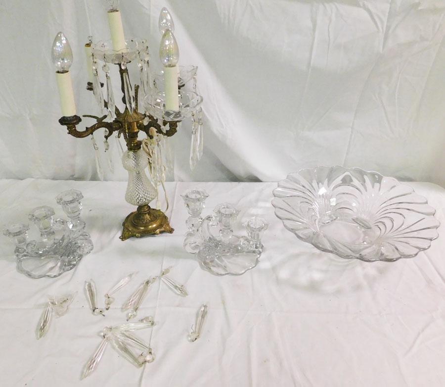 Glass Console Set & Metal/Glass Candelabra Lamp, (As: Lot of Glass Console Set & Metal/Glass Candelabra Lamp, (As Is).