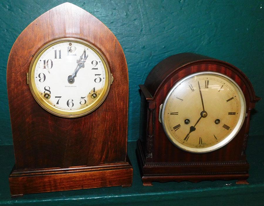 2 Mahogany Mantel Clocks, (1 by Ingraham): 2 Mahogany Mantel Clocks, (1 by Ingraham). 13 1/2" H - Tallest
