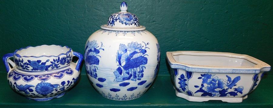 3 Blue & White Oriental Porcelain Pieces, (Ginger Jar (1 of 3)